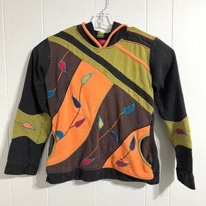 LAXMANS Collection Patchwork Boho Hoodie Leaf Applique Orange Brown Green S/M